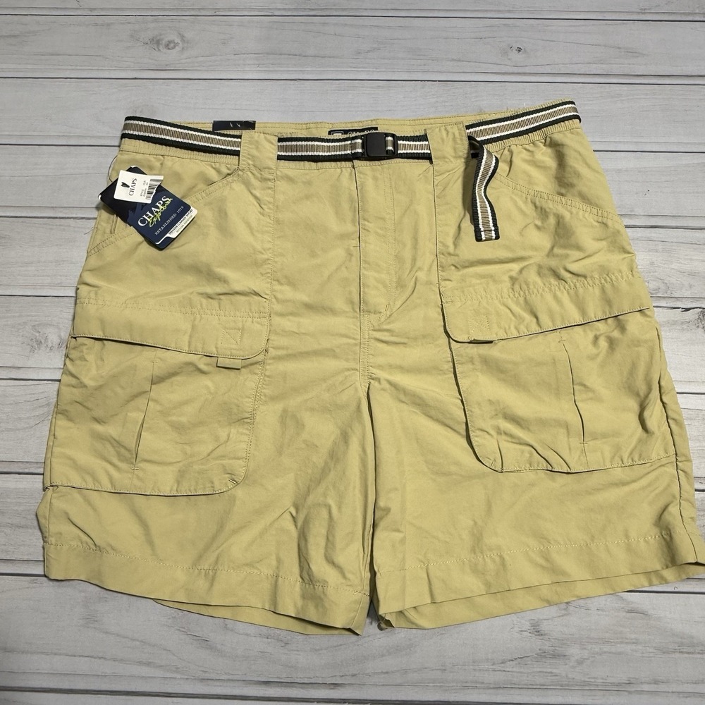 Chaps Cargo Shorts Men 42 Tan Belted Explorer Trekker Hiking Nylon Ripstop Flex